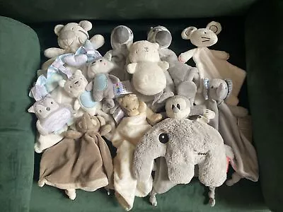 Bundle Of 10 Neutral Baby Soft Comforter Toys Plus Pram Toy. Grey Cream • £20