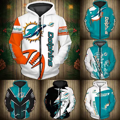 Dolphins Miami Mens Zipper Hoodie Casual Sweatshirt Hooded Jacket Outwear Gift • $36.09