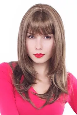 Women's Wig Long Sexy Fringe Brunette Blonde Highlights 55cm • £18.97