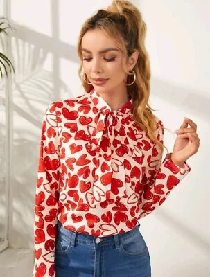 £17.49 • Buy Pussybow Tie Neck Blouse With Cute Heart Print Valentine Size 14/16. Brand New.