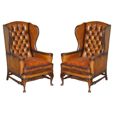 Pair Of Antique William Morris Wingback Armchairs Hand Dyed Cigar Brown Leather • $6165.75