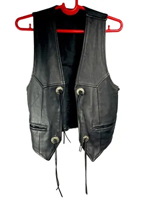 Vintage Black Leather Biker Vest - Lined - Lace Up - Fringe Metal Accents  Large • $12