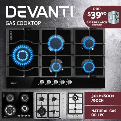 Devanti Gas Cooktop 90cm 60cm Glass Steel Stove Hob Cooker 2/4/5 Burner NG LPG • $122.95