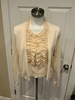 J. Crew Ivory Thin Knit Cardigan W/ Ruffle Shirt Combo Size Small • $47.25