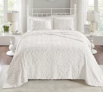 White Chenille Vintage Xxl Bedspread Set : Chic Shabby Ultra Soft Plush Farmhous • $93.45