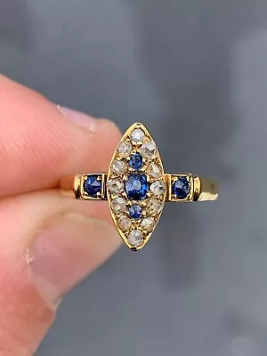 18ct Gold Diamond Natural Sapphire Marquise Ring Victorian • $343.16