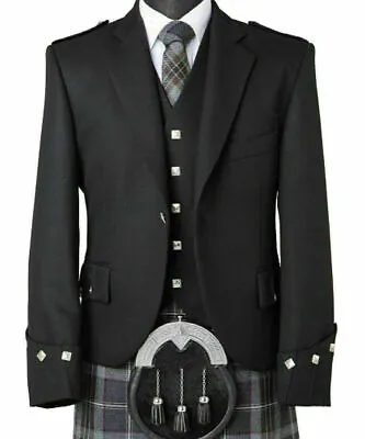 £52.89 • Buy Scottish Argyll Kilt Black Jacket With Waistcoat/Vest - Men Wedding Jacket