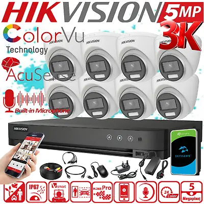HIKVISION CCTV SECURITY SYSTEM 5MP AUDIO MIC CAMERA ColorVU KIT Mobile View UK • £280