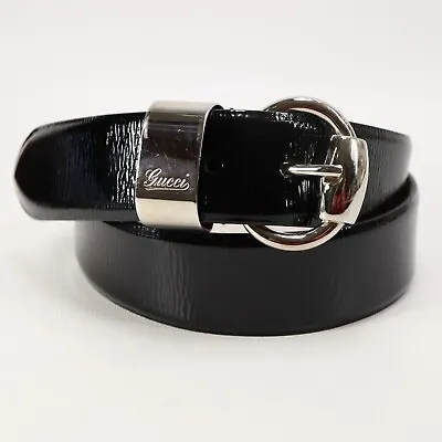 Gucci Dress Belt Mens 36 Black Patent Leather Silver Tone Brass Buckle 177171 • $194.95