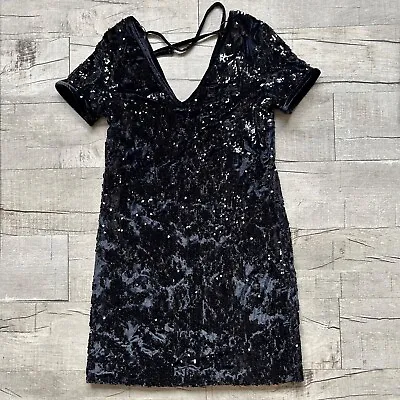 Miss Selfridge Black Formal Party Sequin Short Sleeve Velvet Winter Dress 2 • $29.99