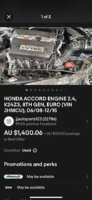 Honda Accord Engine 2.4 K24z3 8th Gen Euro (vin Jhmcu) 06/08-12/15 • $1400