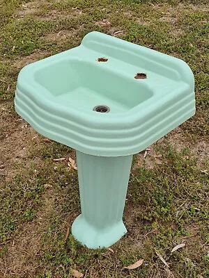 Vintage GREEN Enamel Cast Iron Pedestal Basin Located GEELONG • $249