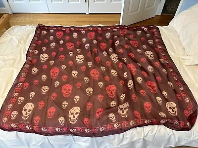 Alexander McQueen Womens Maroon Silk Scarf In A White&Bright Pink Skull Motif • $50