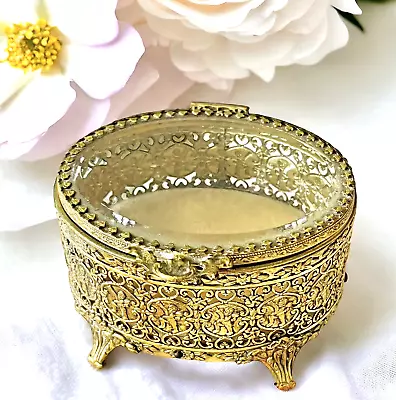 Vintage Beveled Glass Ormolu Filigree CHERUBS Jewelry Casket Gold Tone Box • $35