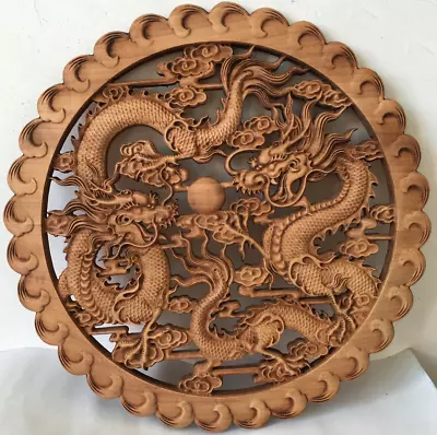 26.5cm Chinese Camphor Wood Hand Carved Dragon Statue Wall Sculpture Plate Decor • $33.88