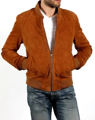 Men's New Fashion Cognac Brown Suede Leather Bomber Zipper Jacket BMSJ02 • $127.53