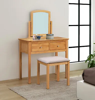 Light Oak Dressing Table Set With Stool And Swivel Mirror | Makeup Vanity Desk • £249.99