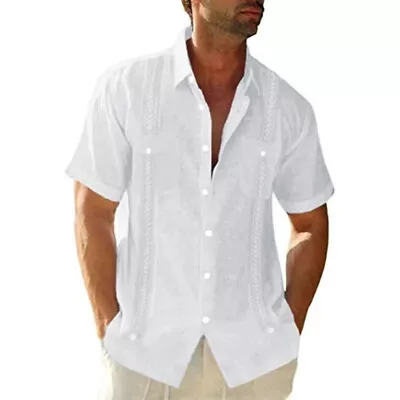 Men's Guayabera Cuban Beach Wedding Button-Up Casual Short Sleeve Dress Shirt • $18.58