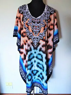  Heavily Embellished  Digital Animal Print V Neck Crepe Kaftan/dress Kc3 • $55.99