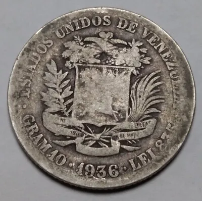 1936 Venezuela 2 Bolivares .835 Silver Coin Simon Bolivar Liberator • $12