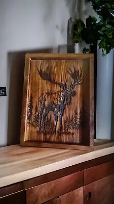 Moose In The Wild Framed Wall Art Hand Made Laser Engraved Solid Walnut • $59