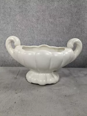 Vintage American Bisque White Planter Pot Curl Handles Rounded Ribs • $29.98