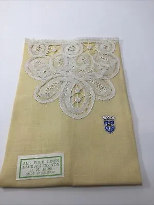 Vintage 100% Belgian Linen And Battenberg Lace Hankerchief HandTowel Pale Yellow • $24.99