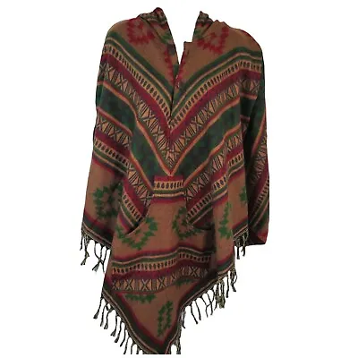 Poncho|2 Button|Fringe|Hood+Pocket|Boho| Handmade|Trilbal|Yak Wool Blend|1 Size • $50.40