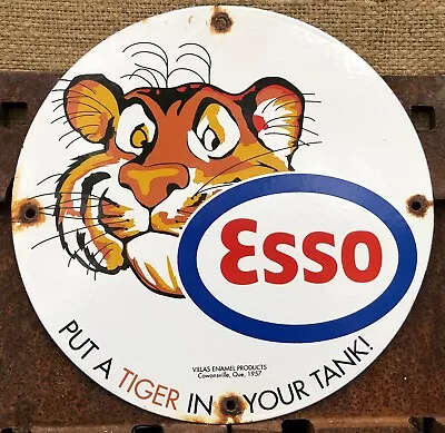 Vintage 1957 Dated Esso Gasoline Put A Tiger In Your Tank Gas Oil Porcelain Sign • $9.99