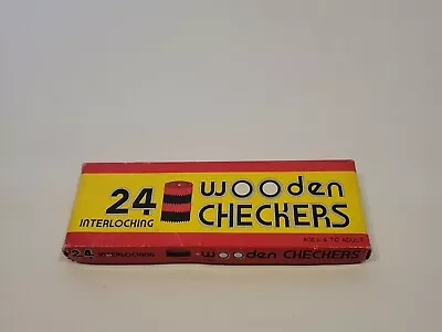 Vintage Wooden Interlocking Checkers Set Of 24 Pieces In Original Box *NOS* • $20