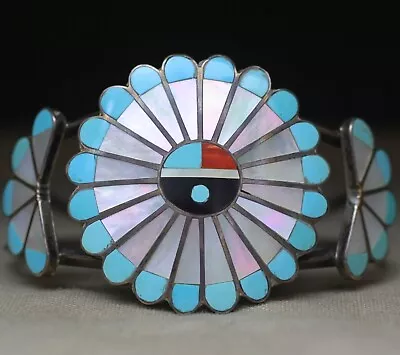 Vintage Native American Zuni Turquoise Sterling Silver Sunface Cuff Bracelet • $345