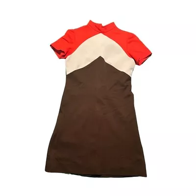 Vintage 70s 60s Dress Orange Brown &White Womens Size Medium Spring Summer. • $37