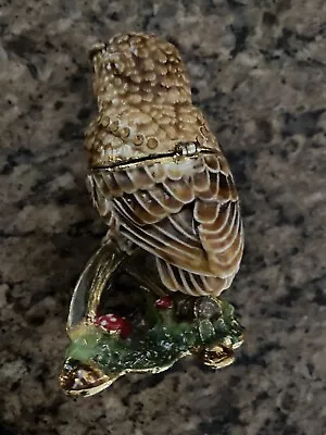 NEW TRINKET BOX OWL Pewter Bejeweled Austrian Crystals Brown White Forest Bird • $24.99