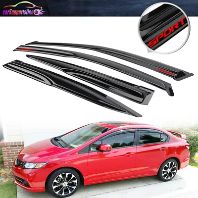 Fit 12-15 Honda Civic 4DR Sedan Window Visor Mugen Style Wavy Guard W/ Red SPORT • $39.09