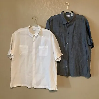 2 Cafe Luna Shirts Mens XL Blue White Linen Cotton SS Button Up Casual Cuban • $12.88