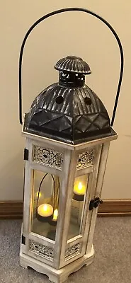 Rustic Gr/White 21” Wood Metal Lantern Candle Holder Centerpiece Outdoor Wedding • $64.47