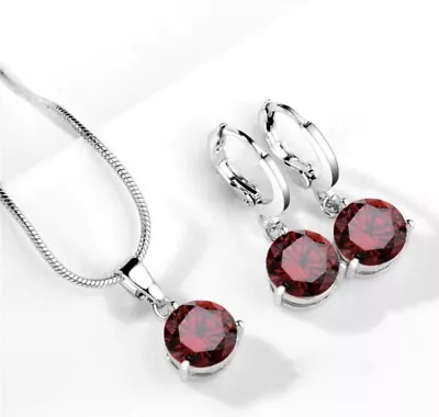 Silver Plated Birthstone Earrings And Pendant Set - January Garnet • $9.99