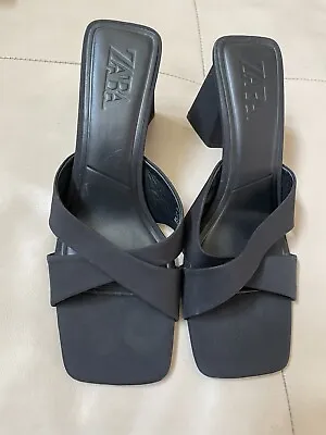 Zara Black High Heel Sandals Backless Cross-Cross Straps Thick Heel 9.5-10 • $49