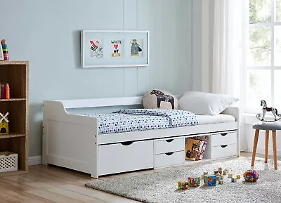 Cabin Wooden Day Bed In White Kids Bed Childrens Bunk With Drawers 3FT Single • £259.99