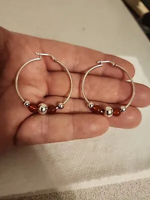 MILOR Italian 950 Fine Sterling Silver & Red Agate? Beaded Hoop Earrings  • $24.95