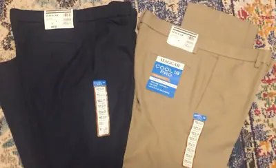 NEW 36W Mens 2 LOT Beige Khaki Blue Haggar Cool 18 Pro Straight Fit Pants 36x32 • $27.95