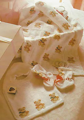 Baby Cot Blanket/Cover Teddy Bear Motif Bib Bootees Knitting Pattern 4ply 620 • £2.09