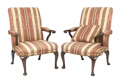 Pair Of Georgian Queen Anne Style Mahogany Upholstered Arm Chairs Damask Fabric • $799