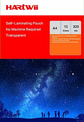 Hartwii 10 Sheet Cold Adhesive Self Sticky Laminating Pouch A4 Clear Film 300Mic • £13.99