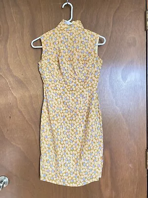 Vintage 60s Cheongsam Dress Handmade XS Floral Pin Up High Collar Flower Yellow • $28