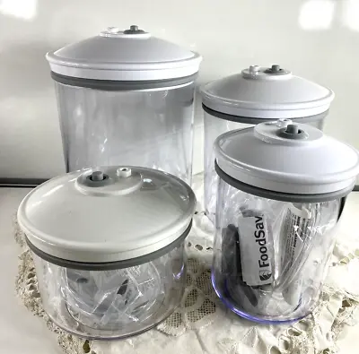 $34.99 • Buy Lot Of 4 Foodsaver Snail Vacuum Seal Canisters Clear W/Lids 25 Oz 50 Oz 80 Oz