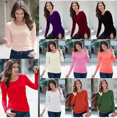 New Ladies Long Sleeve T-Shirt Women Round Neck Plain Basic Top Plus Size 8-26 • £8.99