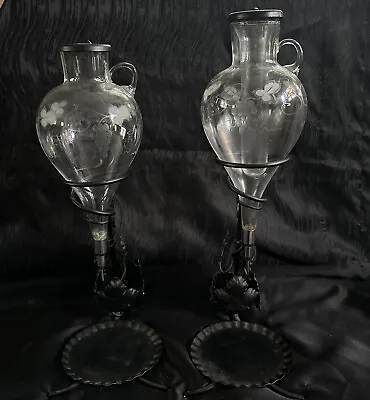Pair Wine Aerator Cocktail Dispenser Etched Glass Wrought Iron Stand Vtg Austria • $115