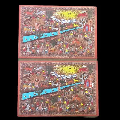 2 Vintage Amate Placemats Laminated Prints Of Mexican Folk Art Bark Paper Rodeo • $6