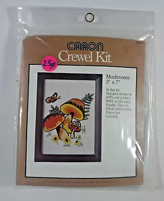 1970s CARON MUSHROOMS Crewel Vtg EMBROIDERY Stitchery Stamped Kit 5x7  6306 HTF • $40.61